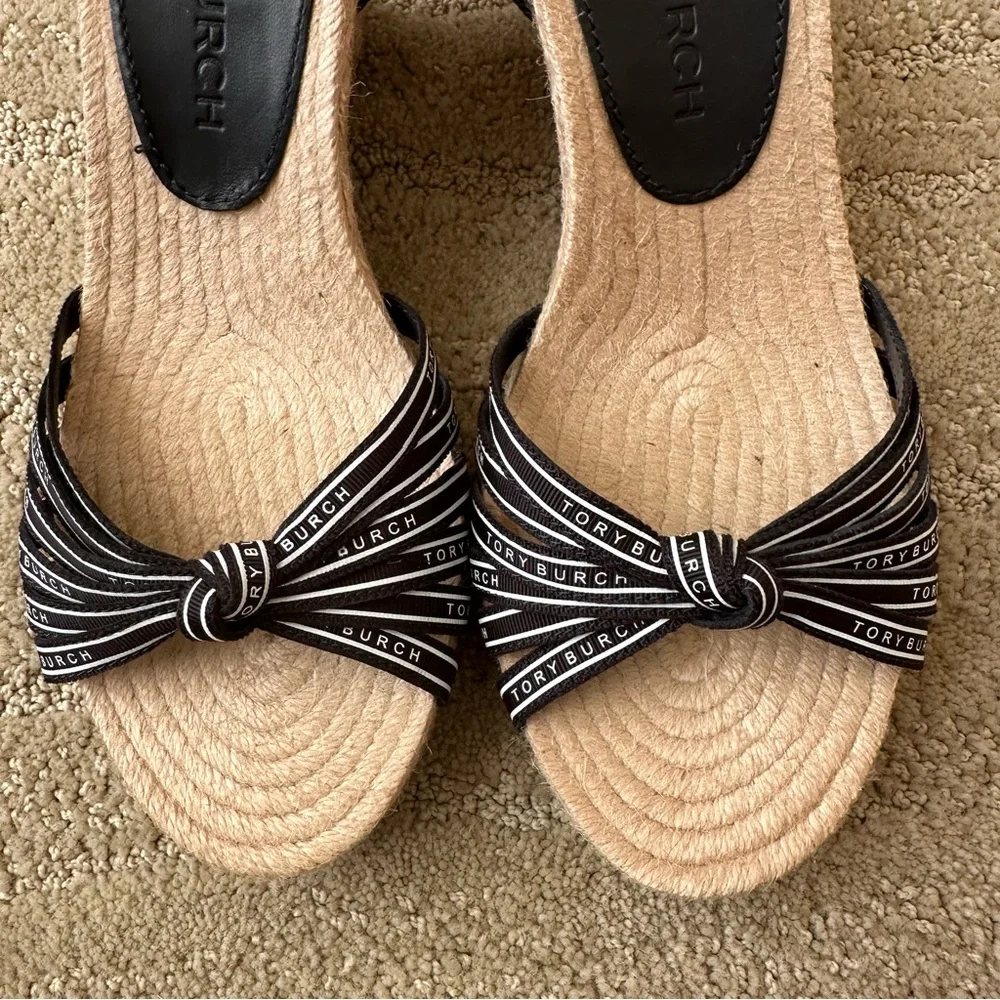 NEW Tory Burch Ribbon Strappy Wedge Espadrille Platform Sandals Navy Cream Tan 9